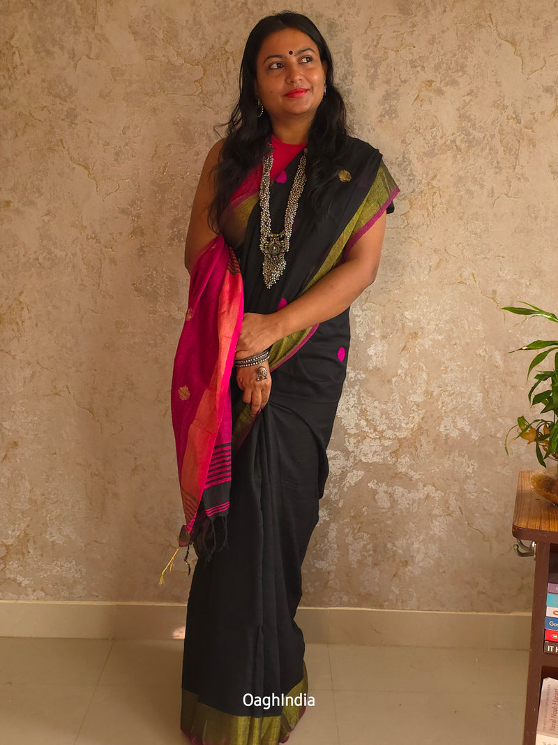 Candy : Beautiful Midnight Black Khadi saree with Rani Pink Pallu and Embroidered balls