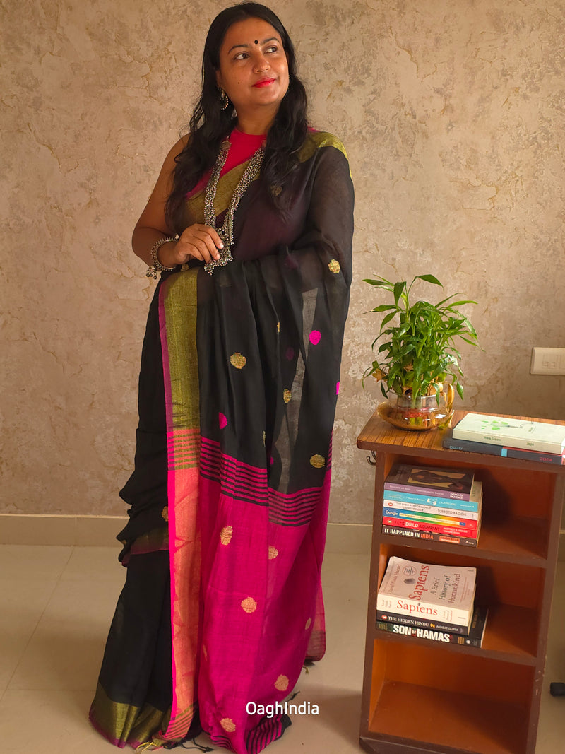 Candy : Beautiful Midnight Black Khadi saree with Rani Pink Pallu and Embroidered balls