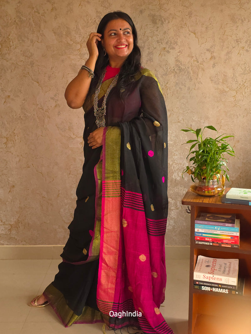 Candy : Beautiful Midnight Black Khadi saree with Rani Pink Pallu and Embroidered balls