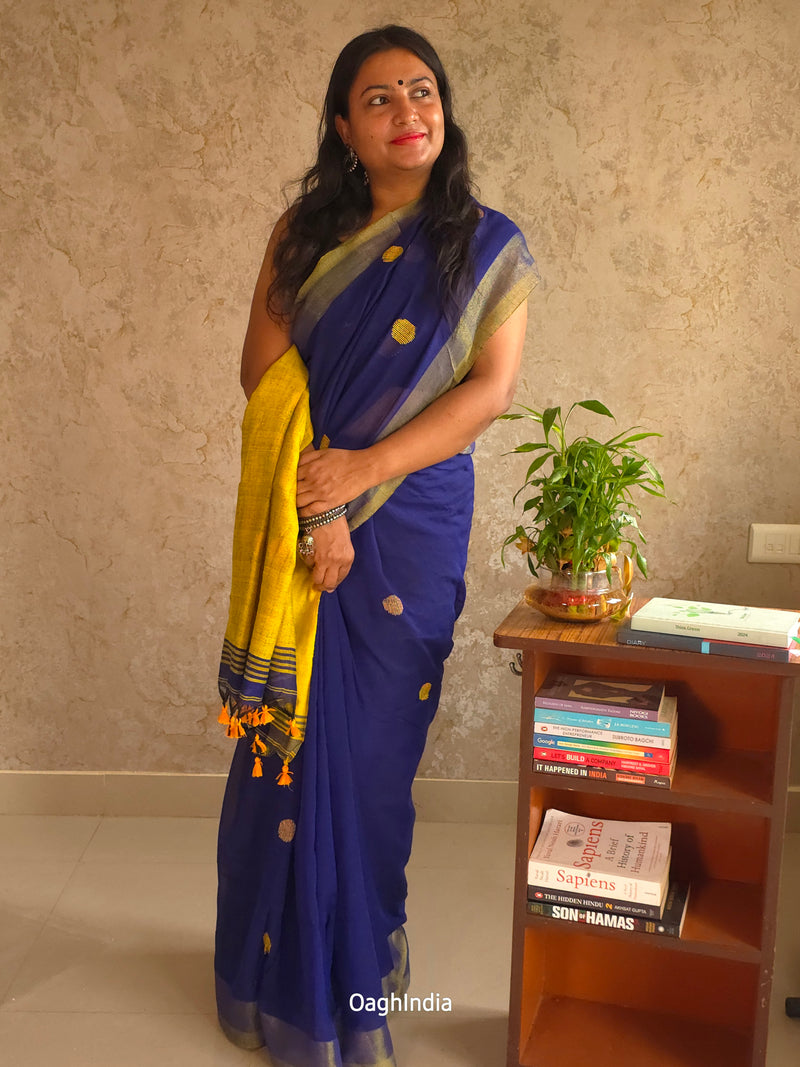 Candy : Beautiful Navy Blue Khadi saree with Lemon yellow Pallu and Embroidered balls