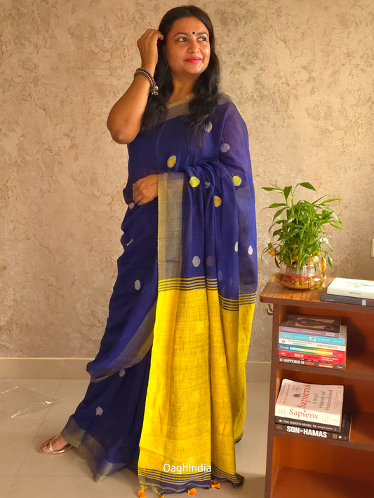 Candy : Beautiful Navy Blue Khadi saree with Lemon yellow Pallu and Embroidered balls