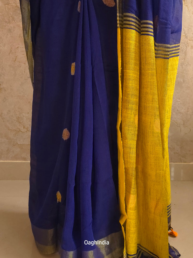 Candy : Beautiful Navy Blue Khadi saree with Lemon yellow Pallu and Embroidered balls