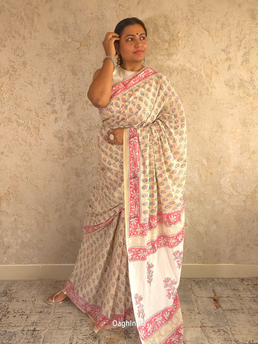 Bosslady - Handblock Sanganeri Print Mul Cotton Saree (Cream, Pink, Green)