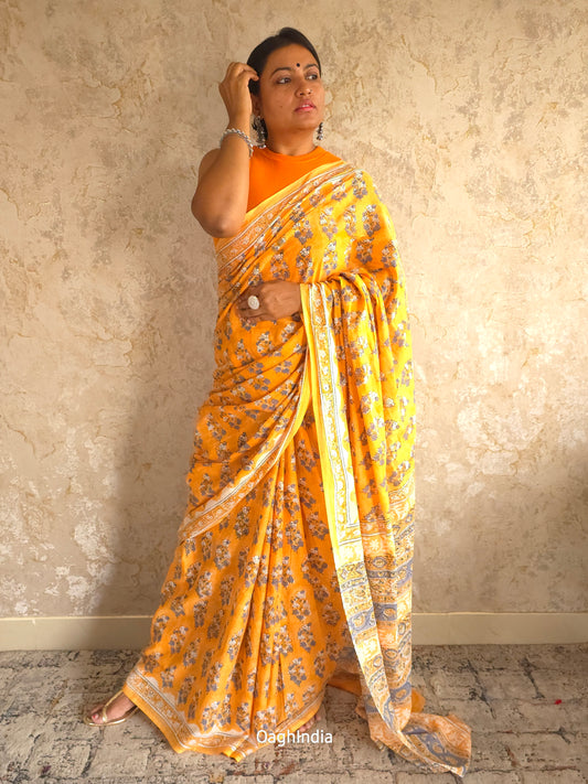 Bosslady - Handblock Sanganeri Print Mul Cotton Saree (Orange, White, Blue)