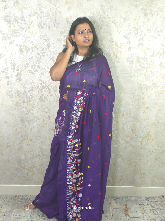 PhoolRani : Soft Khadi Cotton flower embroidery saree (Jamun Purple)