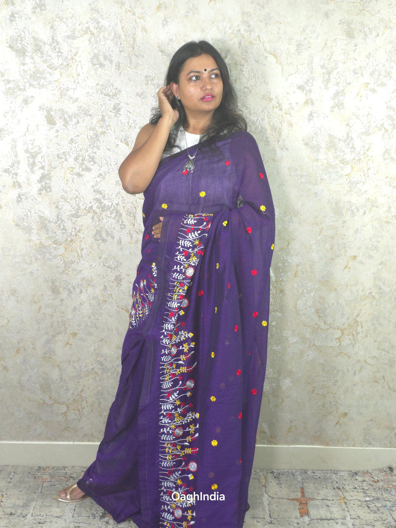 PhoolRani : Soft Khadi Cotton flower embroidery saree (Jamun Purple)