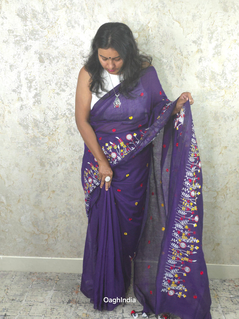 PhoolRani : Soft Khadi Cotton flower embroidery saree (Jamun Purple)