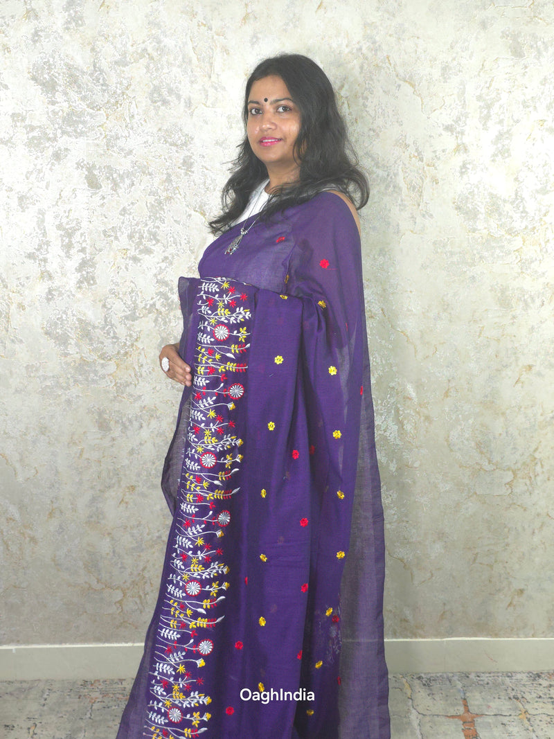 PhoolRani : Soft Khadi Cotton flower embroidery saree (Jamun Purple)