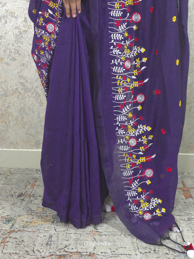 PhoolRani : Soft Khadi Cotton flower embroidery saree (Jamun Purple)