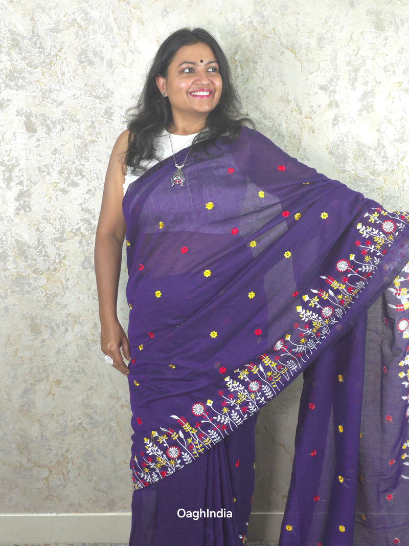 PhoolRani : Soft Khadi Cotton flower embroidery saree (Jamun Purple)