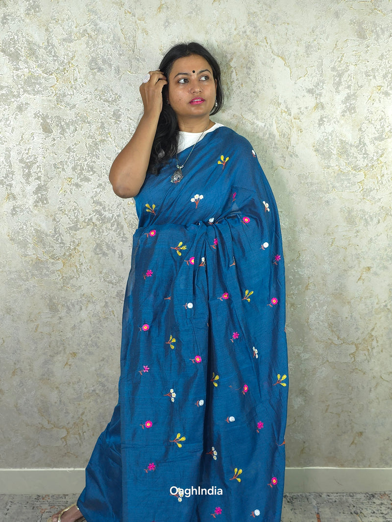 PhoolRani : Soft Khadi Cotton flower embroidery saree (Royal Blue)