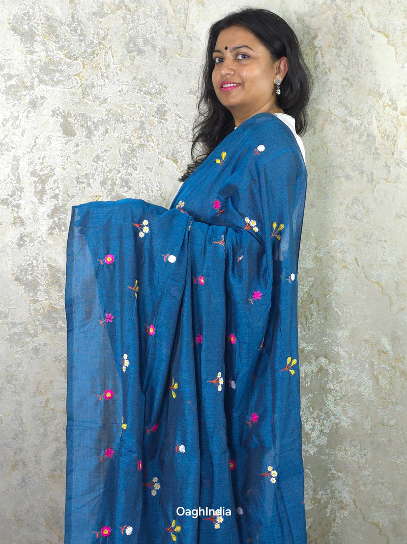 PhoolRani : Soft Khadi Cotton flower embroidery saree (Royal Blue)