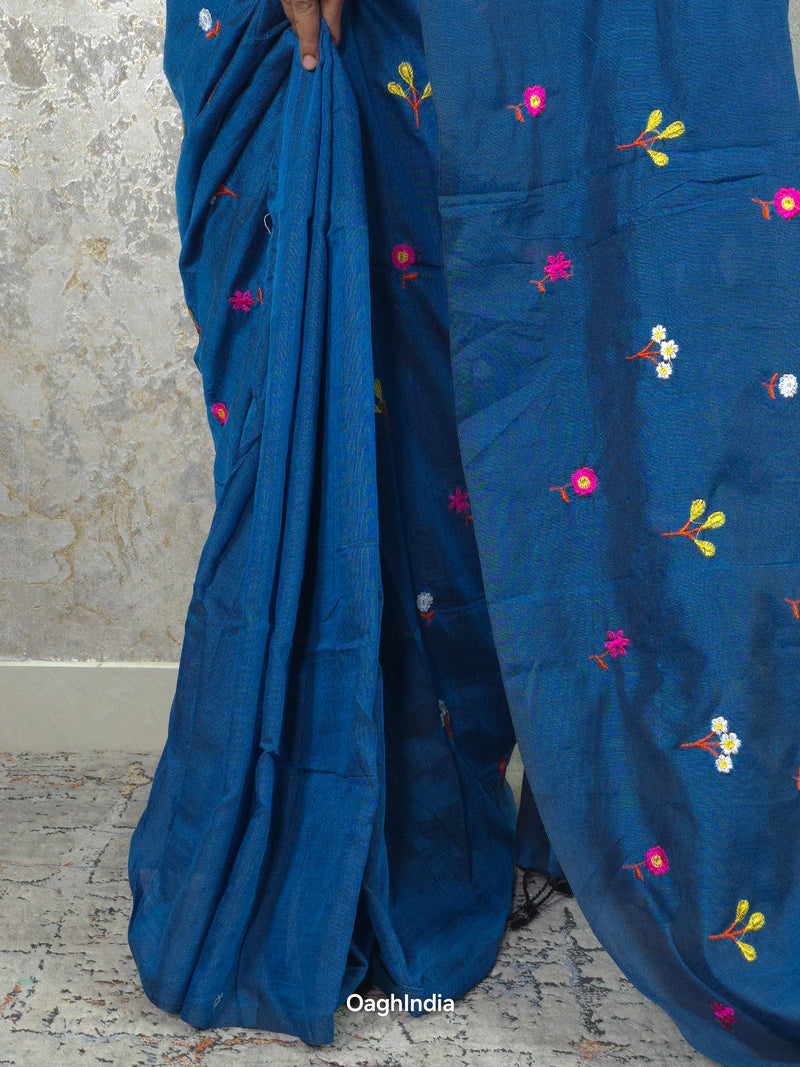 PhoolRani : Soft Khadi Cotton flower embroidery saree (Royal Blue)