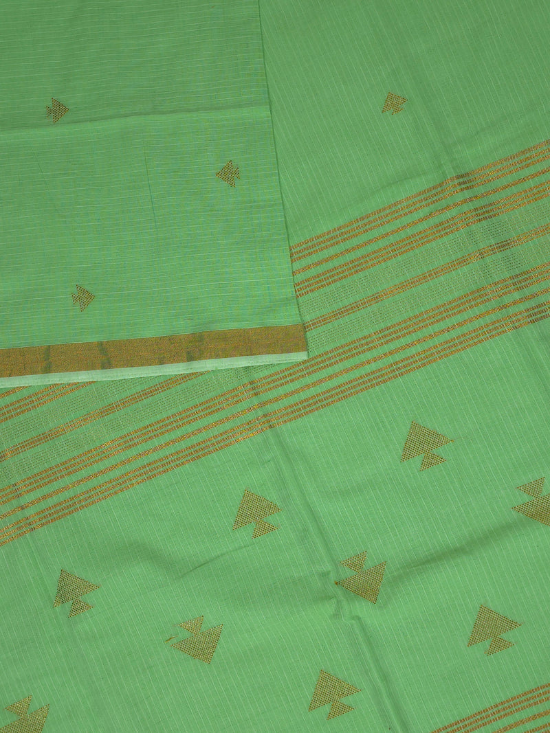 Pavana – Mint Green Cotton Saree with Copper Zari Fish Motifs and Striped Pallu