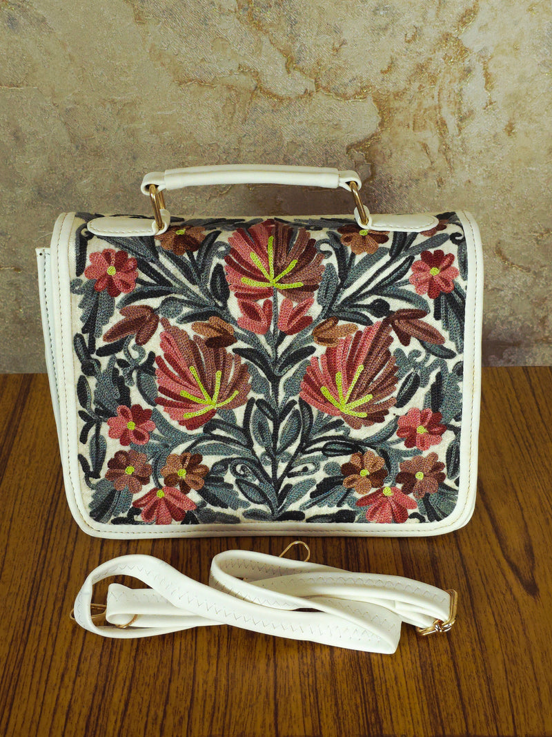 Kashmiri Tote Bag – White | Velvet Floral Embroidered Tote for Women