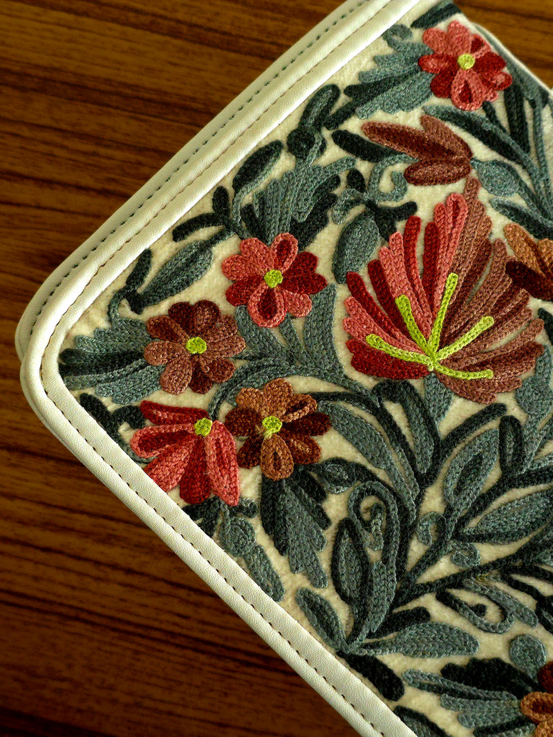 Kashmiri Tote Bag – White | Velvet Floral Embroidered Tote for Women