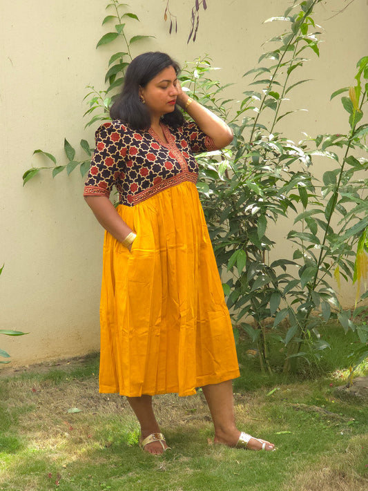 Yellow & Black-red V-Neck Alia Cut Dress with Handblock Floral Yoke