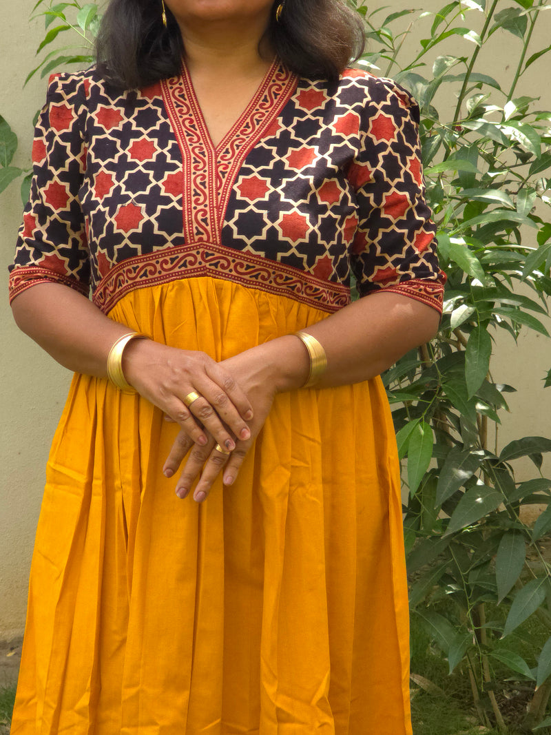 Yellow & Black-red V-Neck Alia Cut Dress with Handblock Floral Yoke