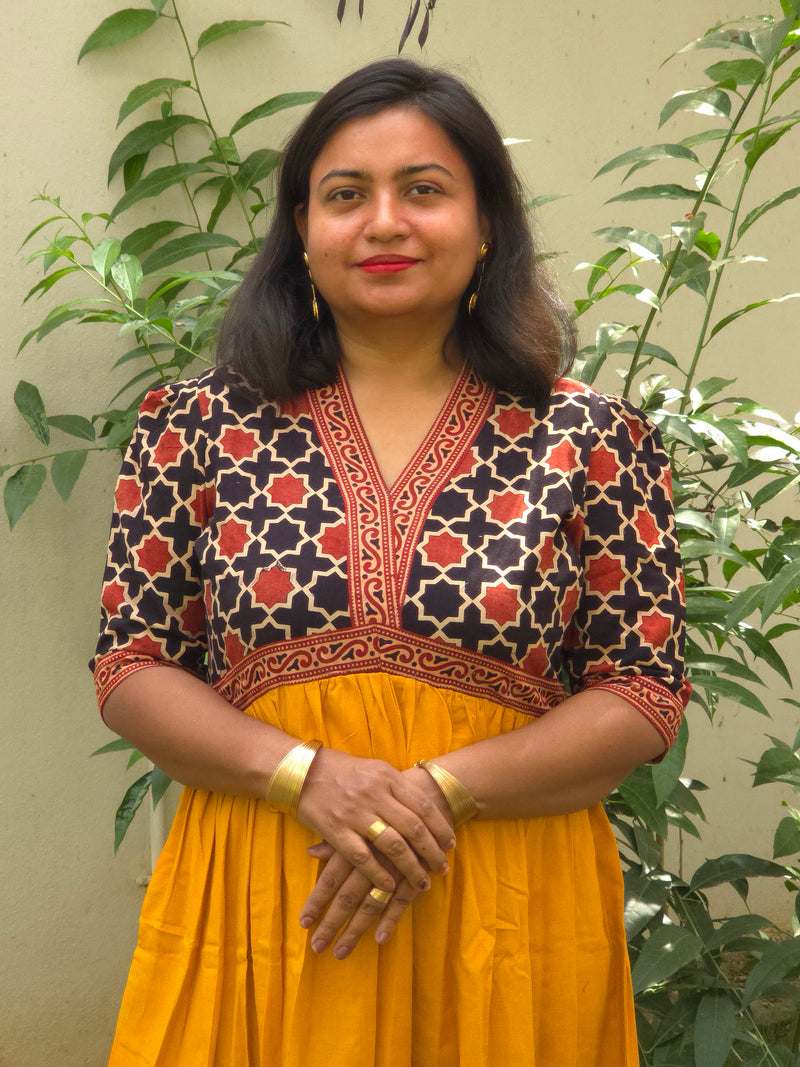 Yellow & Black-red V-Neck Alia Cut Dress with Handblock Floral Yoke