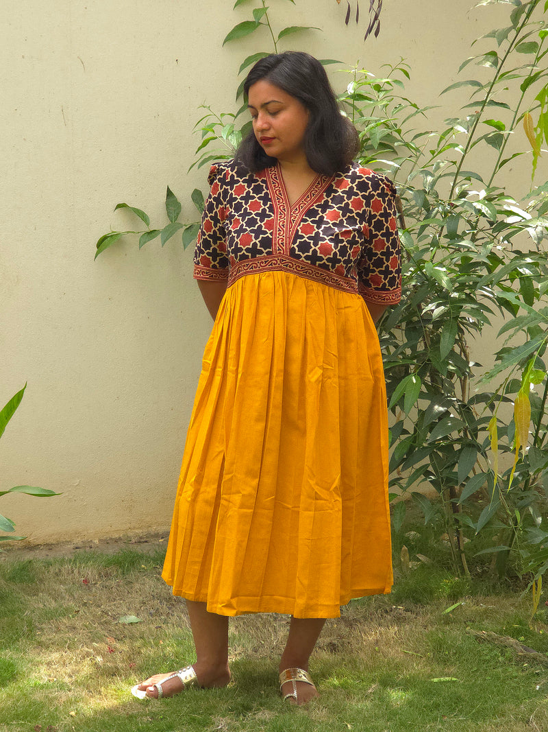 Yellow & Black-red V-Neck Alia Cut Dress with Handblock Floral Yoke