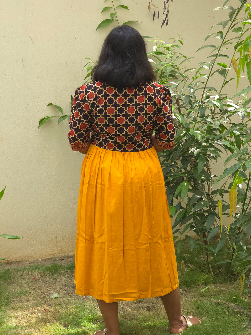 Yellow & Black-red V-Neck Alia Cut Dress with Handblock Floral Yoke