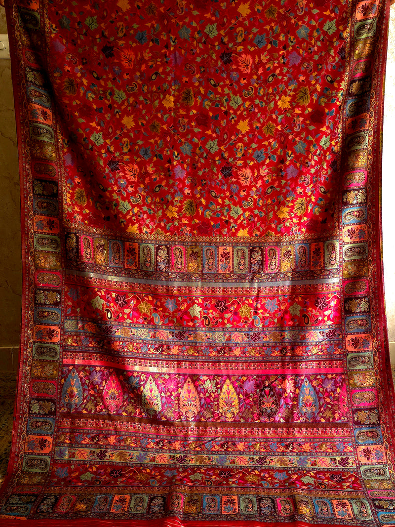 Parijat - Cherry Red Monochrome : Kashmiri Heritage Saree