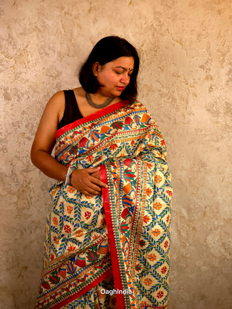 Mithila : Pure Silk Hand Painted Madhubani Art Saree (Silk Mark)