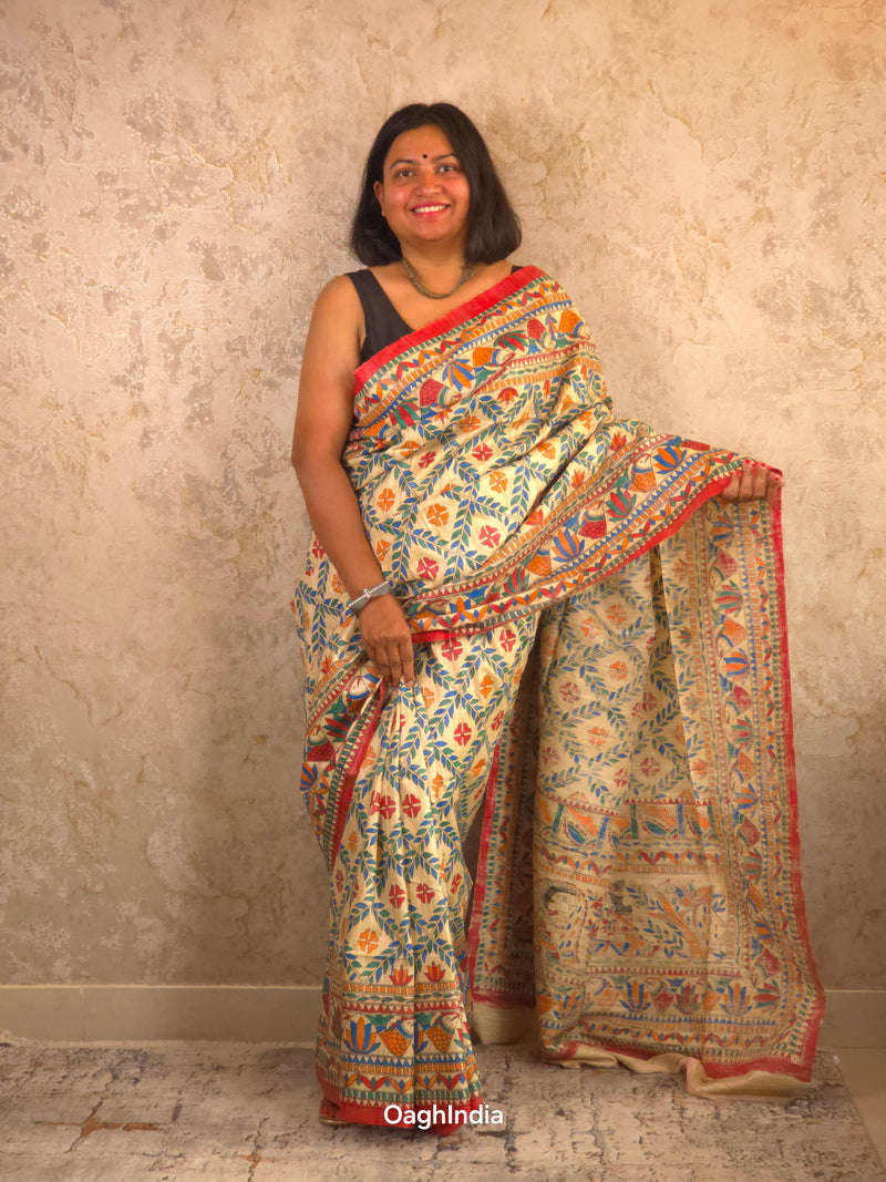 Mithila : Pure Silk Hand Painted Madhubani Art Saree (Silk Mark)