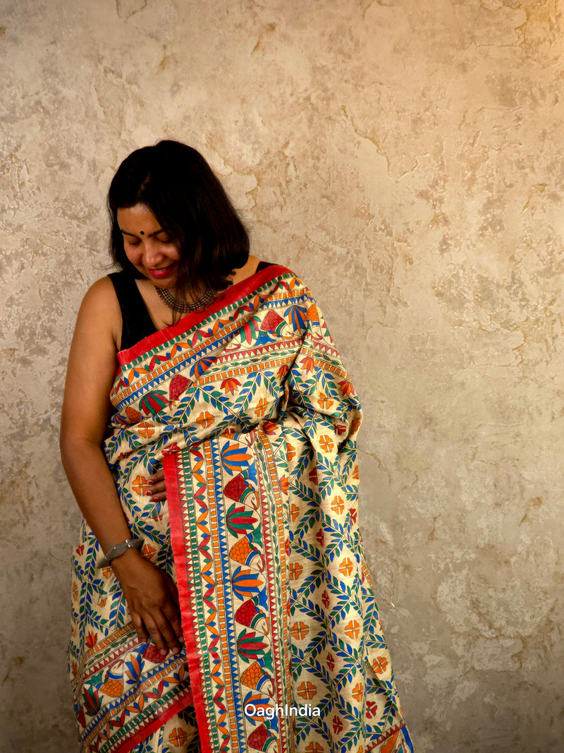 Mithila : Pure Silk Hand Painted Madhubani Art Saree (Silk Mark)