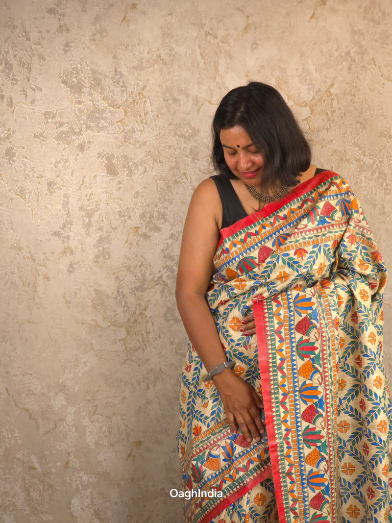 Mithila : Pure Silk Hand Painted Madhubani Art Saree (Silk Mark)