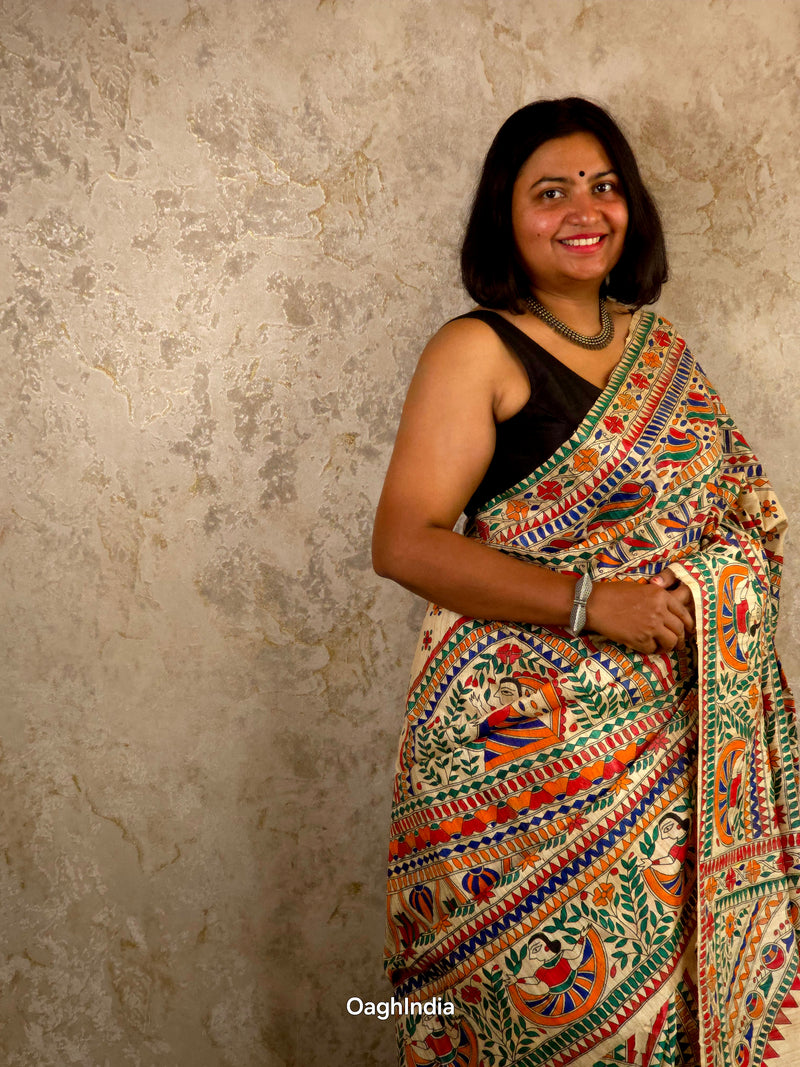 Siya : Pure Silk Hand Painted Madhubani Art Saree (Silk Mark)