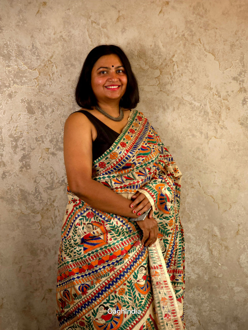 Siya : Pure Silk Hand Painted Madhubani Art Saree (Silk Mark)
