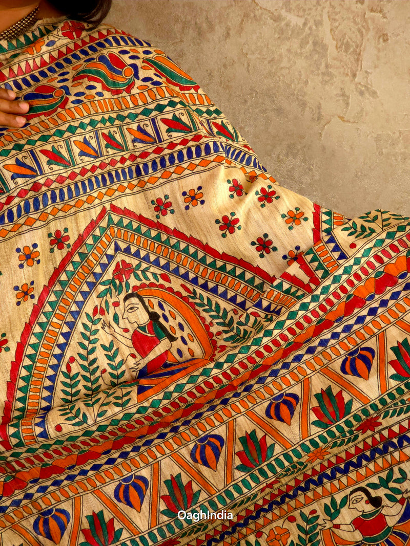 Siya : Pure Silk Hand Painted Madhubani Art Saree (Silk Mark)