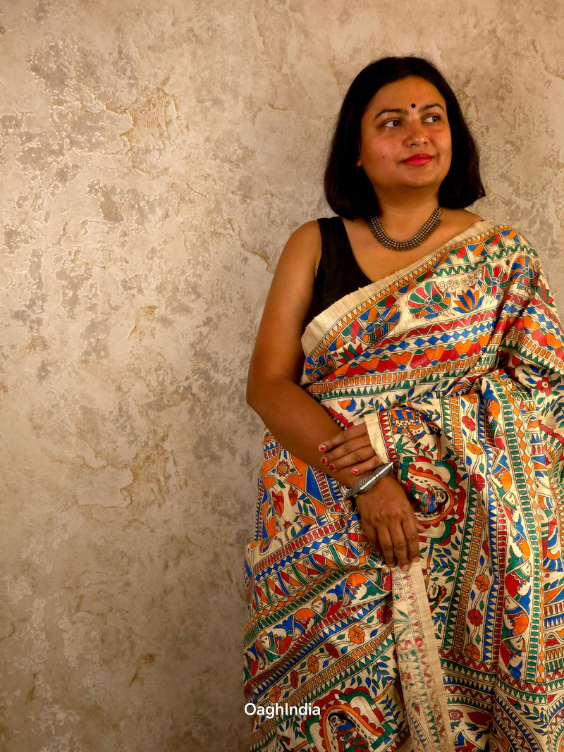 Bhoomija : Pure Silk Hand Painted Madhubani Art Saree (Silk Mark)