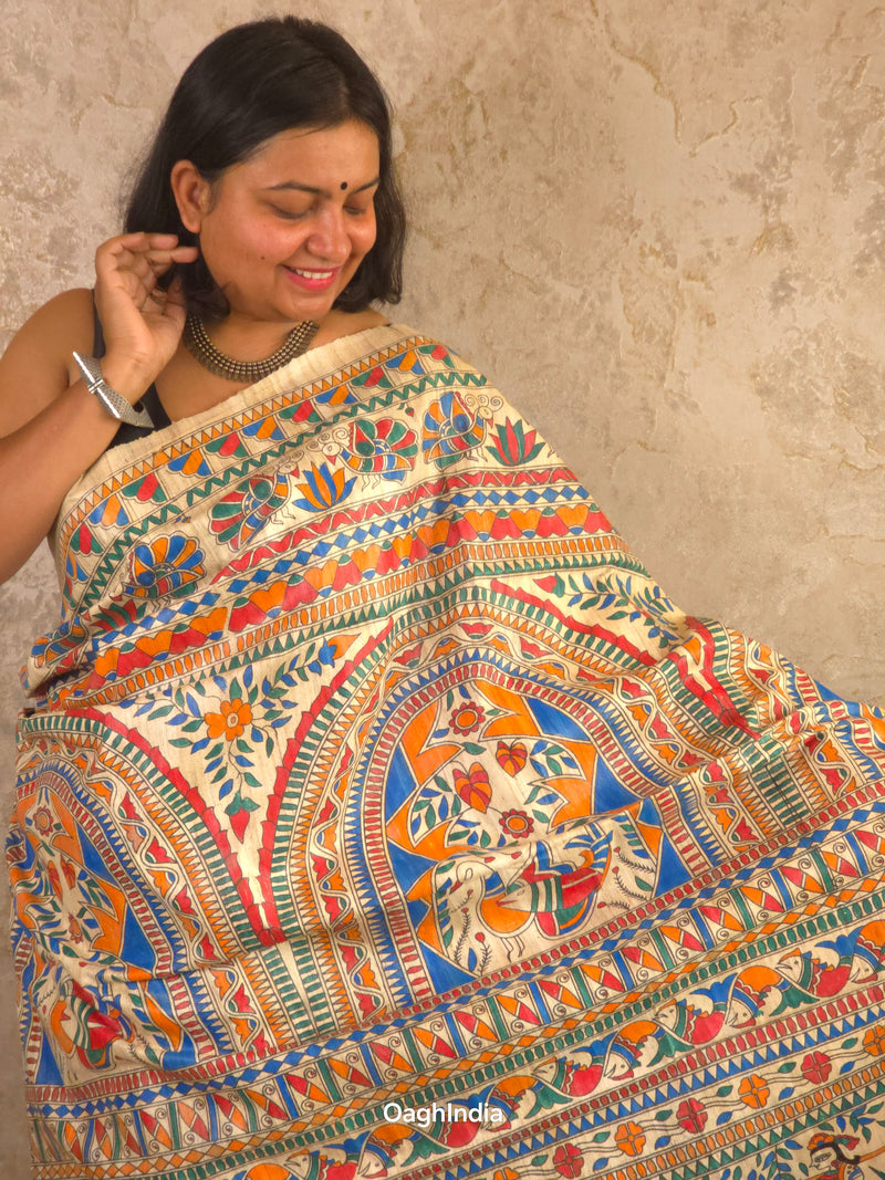Bhoomija : Pure Silk Hand Painted Madhubani Art Saree (Silk Mark)