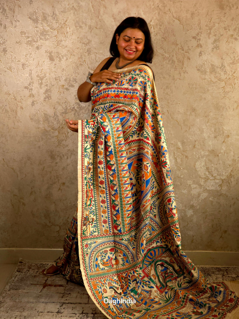 Bhoomija : Pure Silk Hand Painted Madhubani Art Saree (Silk Mark)