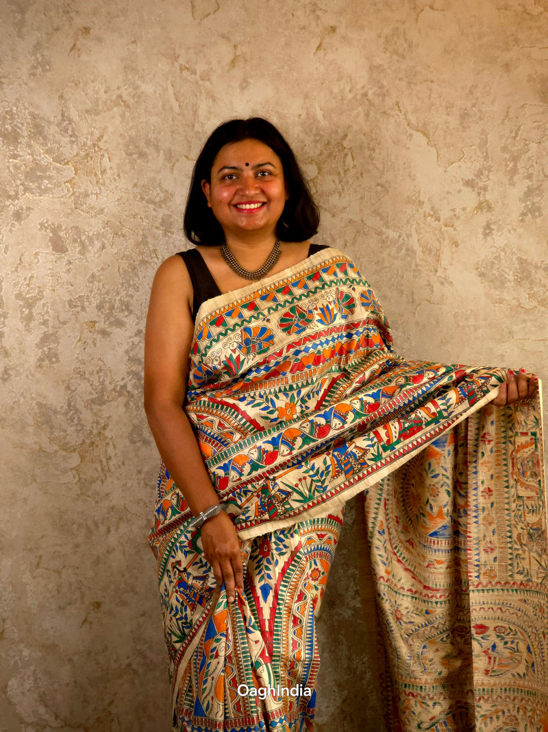 Bhoomija : Pure Silk Hand Painted Madhubani Art Saree (Silk Mark)