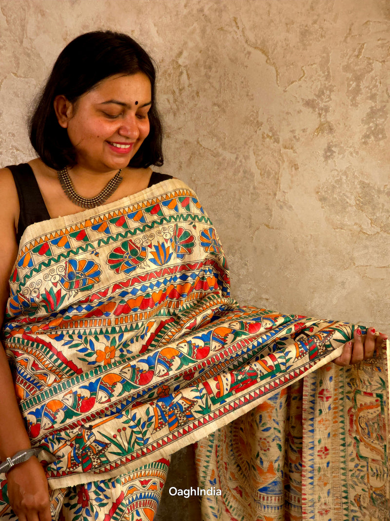 Bhoomija : Pure Silk Hand Painted Madhubani Art Saree (Silk Mark)