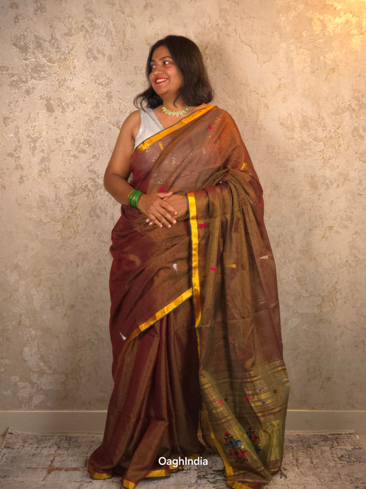 Kasturi Coffee |  Handloom Cotton Saree with Muniya Zari & Tissue Pallu