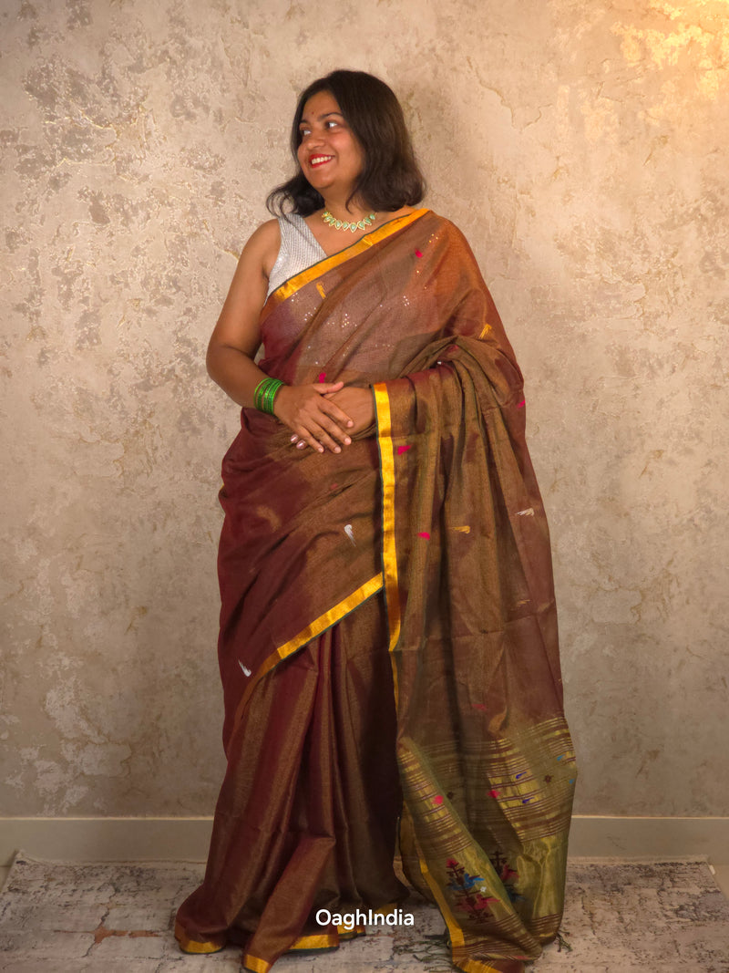 Kasturi Coffee |  Handloom Cotton Saree with Muniya Zari & Tissue Pallu