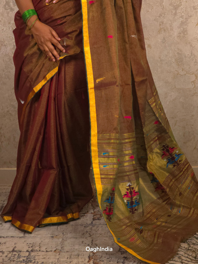 Kasturi Coffee |  Handloom Cotton Saree with Muniya Zari & Tissue Pallu