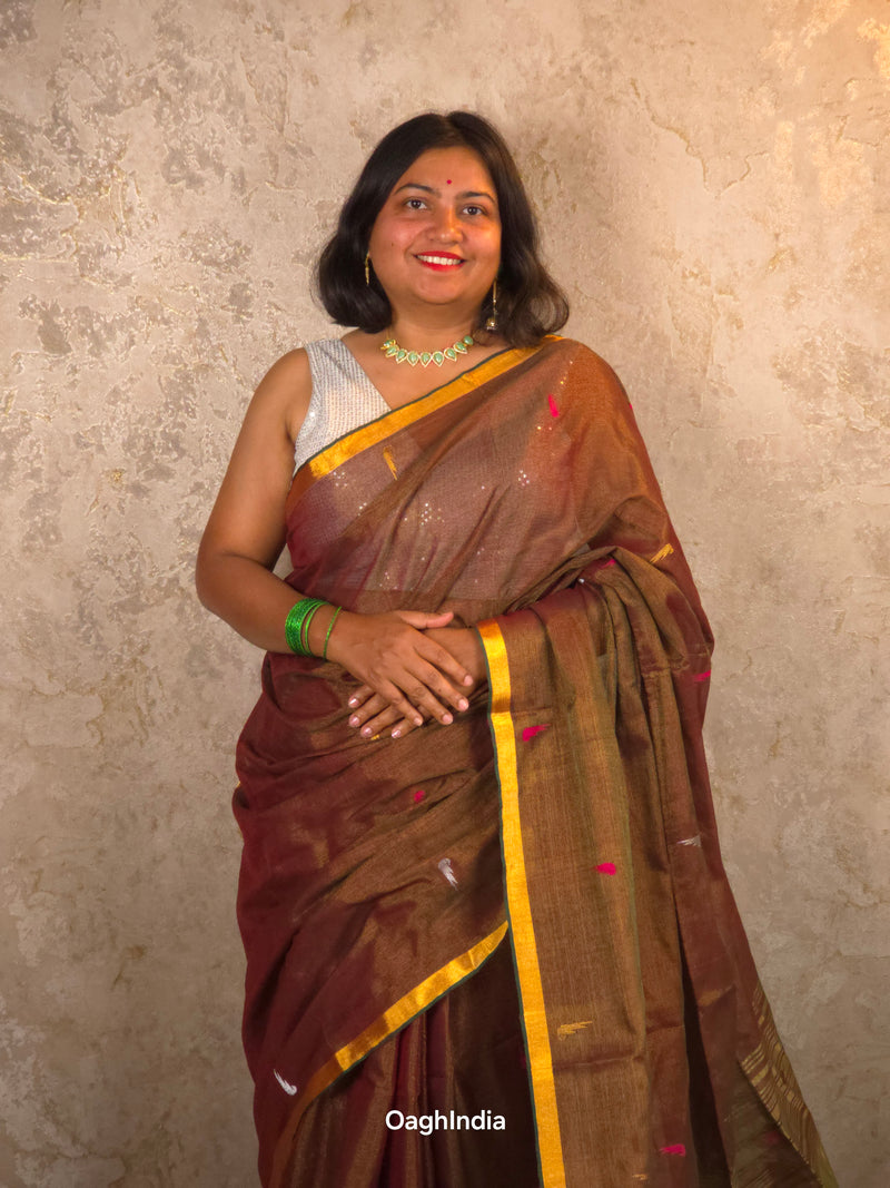Kasturi Coffee |  Handloom Cotton Saree with Muniya Zari & Tissue Pallu
