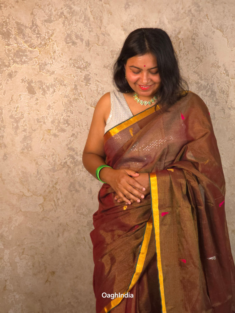 Kasturi Coffee |  Handloom Cotton Saree with Muniya Zari & Tissue Pallu