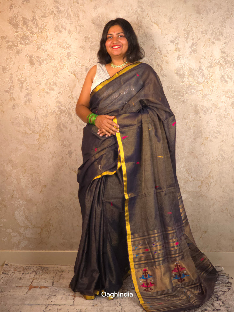 Rakhadi Resham |  Handloom Cotton Saree with Muniya Zari & Tissue Pallu