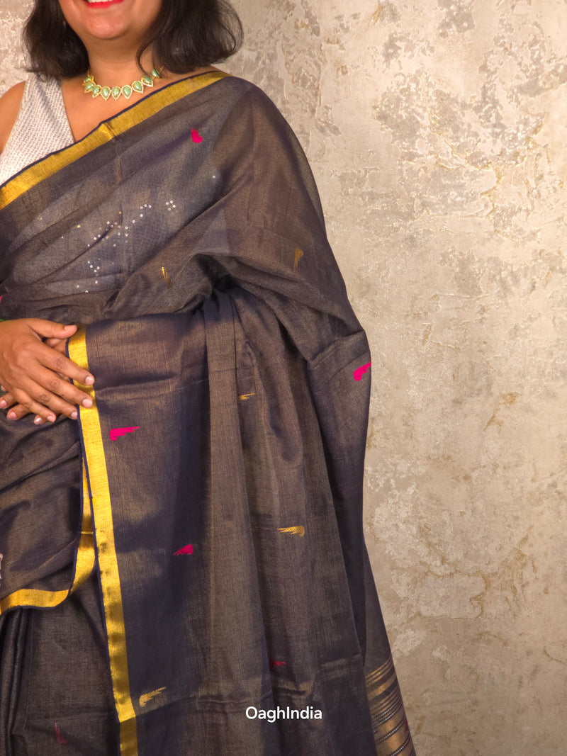 Rakhadi Resham |  Handloom Cotton Saree with Muniya Zari & Tissue Pallu