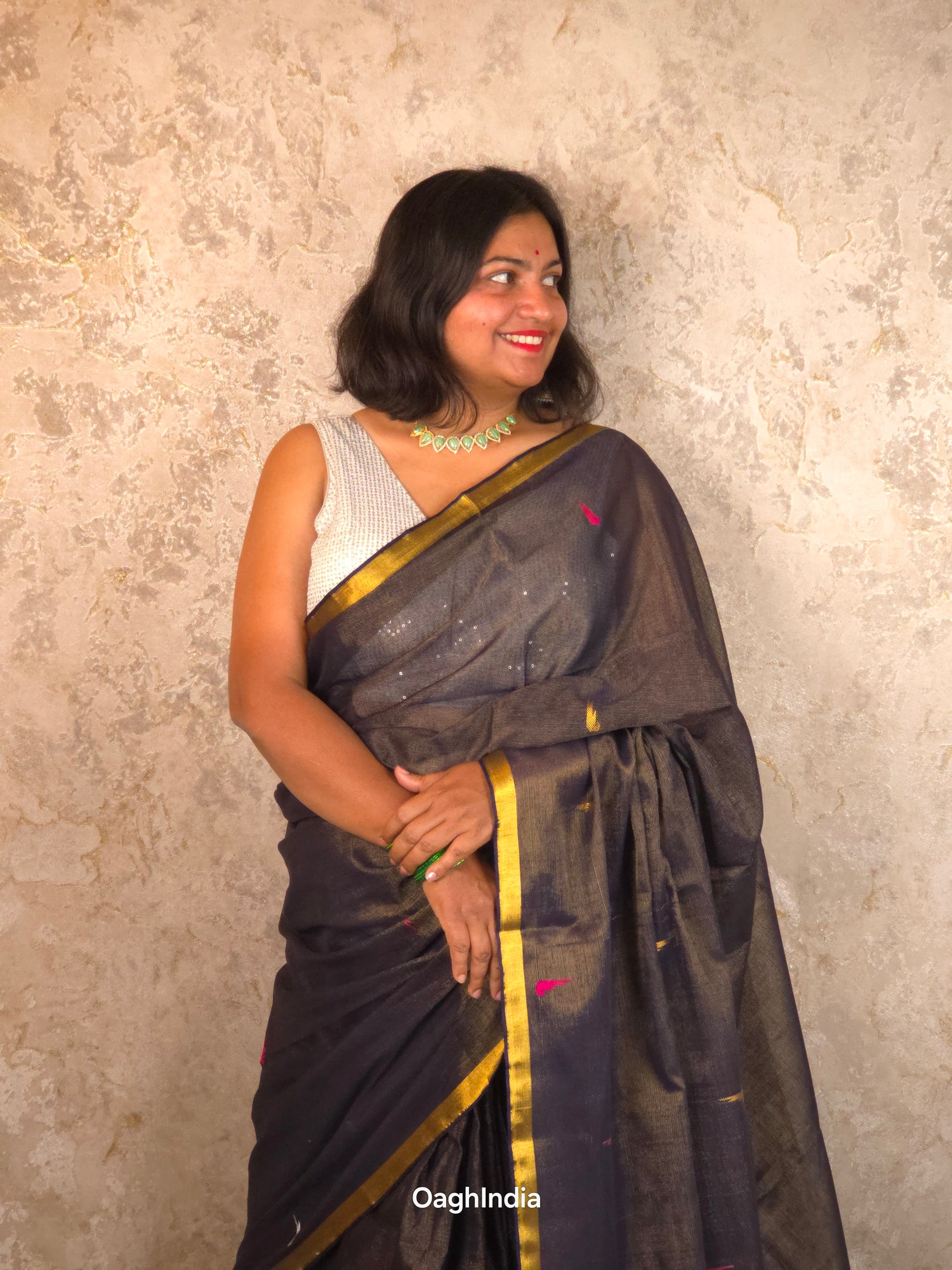 Rakhadi Resham |  Handloom Cotton Saree with Muniya Zari & Tissue Pallu