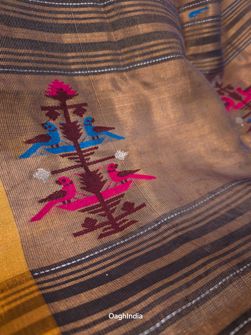 Rakhadi Resham |  Handloom Cotton Saree with Muniya Zari & Tissue Pallu