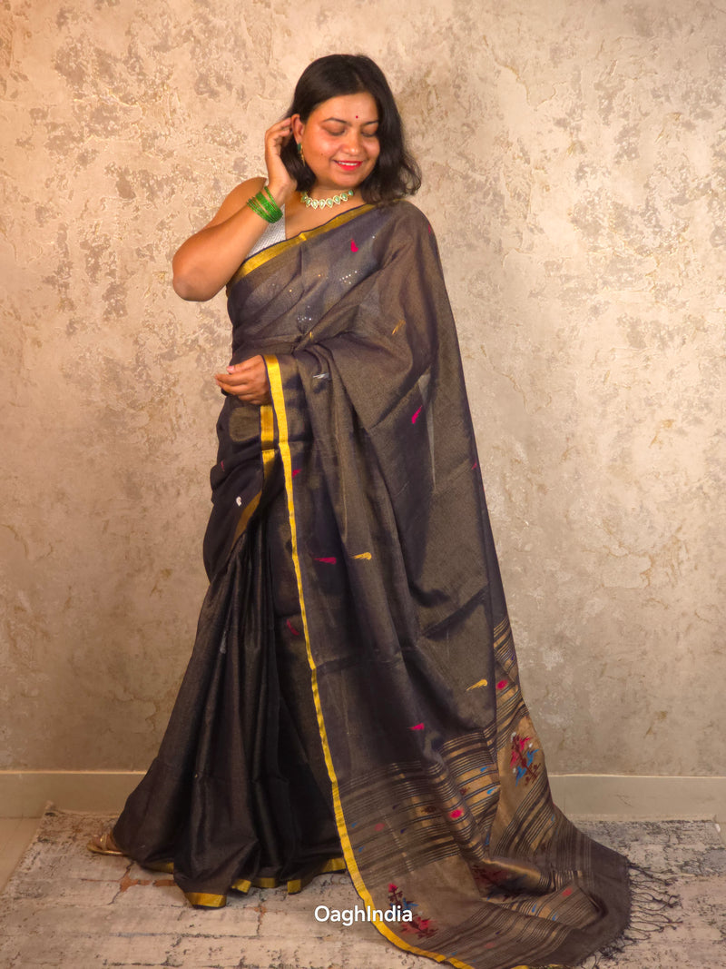 Rakhadi Resham |  Handloom Cotton Saree with Muniya Zari & Tissue Pallu