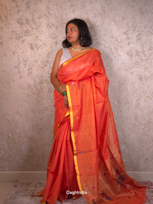Narangi Narayani |  Handloom Cotton Saree with Muniya Zari & Tissue Pallu
