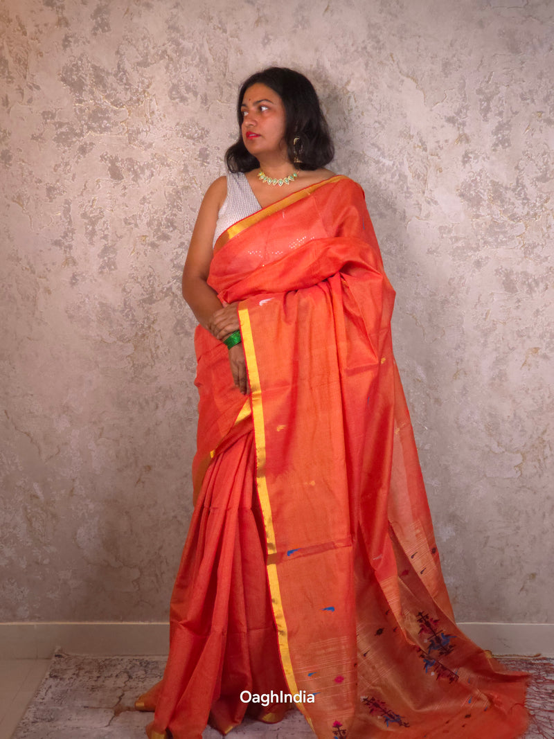 Narangi Narayani |  Handloom Cotton Saree with Muniya Zari & Tissue Pallu